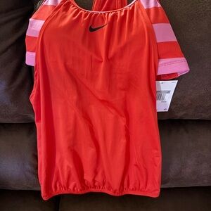 Nike Red and Pink Striped Swim Top